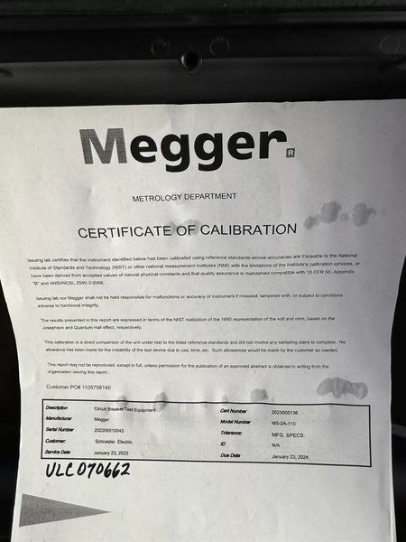Megger MS-2A Circuit Breaker & Overcurrent Relay Test Set (Calibrated 2023-2024)