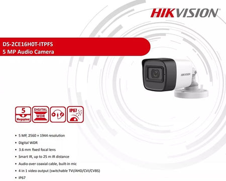 HIKVISION 5MP Bullet CCTV Outdoor Camera IP67 with Audio Mic & 1080p HD