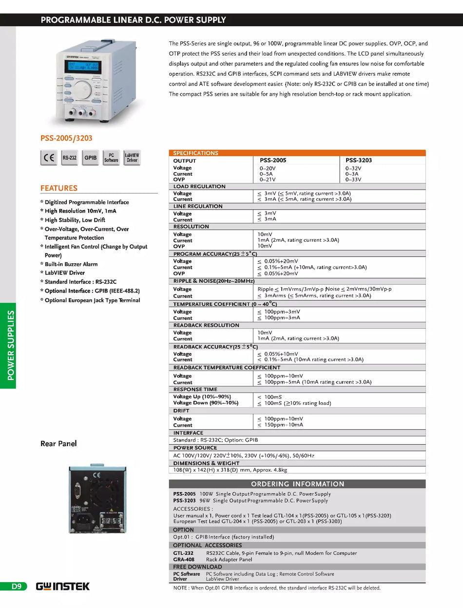GW Instek PSS-2005GP DC Linear Power Supply up to 20V 5A 100W with GPIB