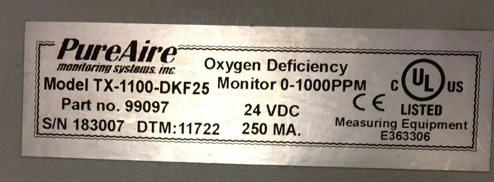Pure Aire Model TX-1100-DKF25 Trace Oxygen Analyzer Monitoring System