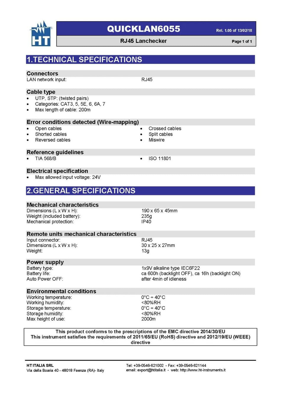 HT Instruments QUICKLAN6055 Mobile device for cable tests in LAN networks