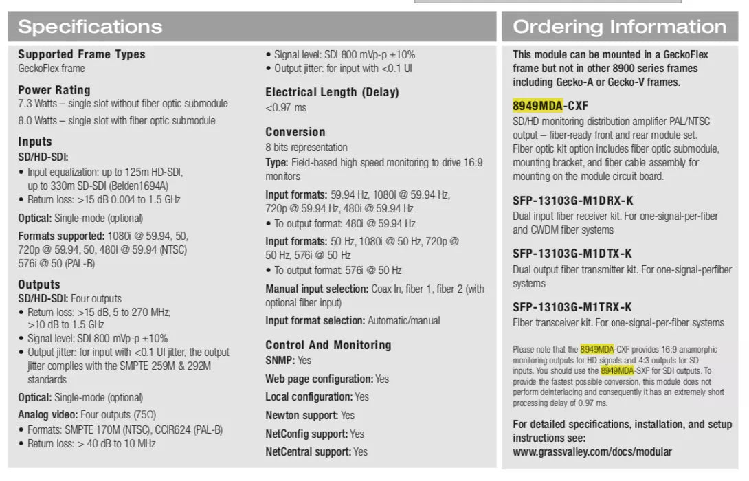 Brand New Grass Valley HD/SD Monitoring DA Fiber 8949MDA-SFR