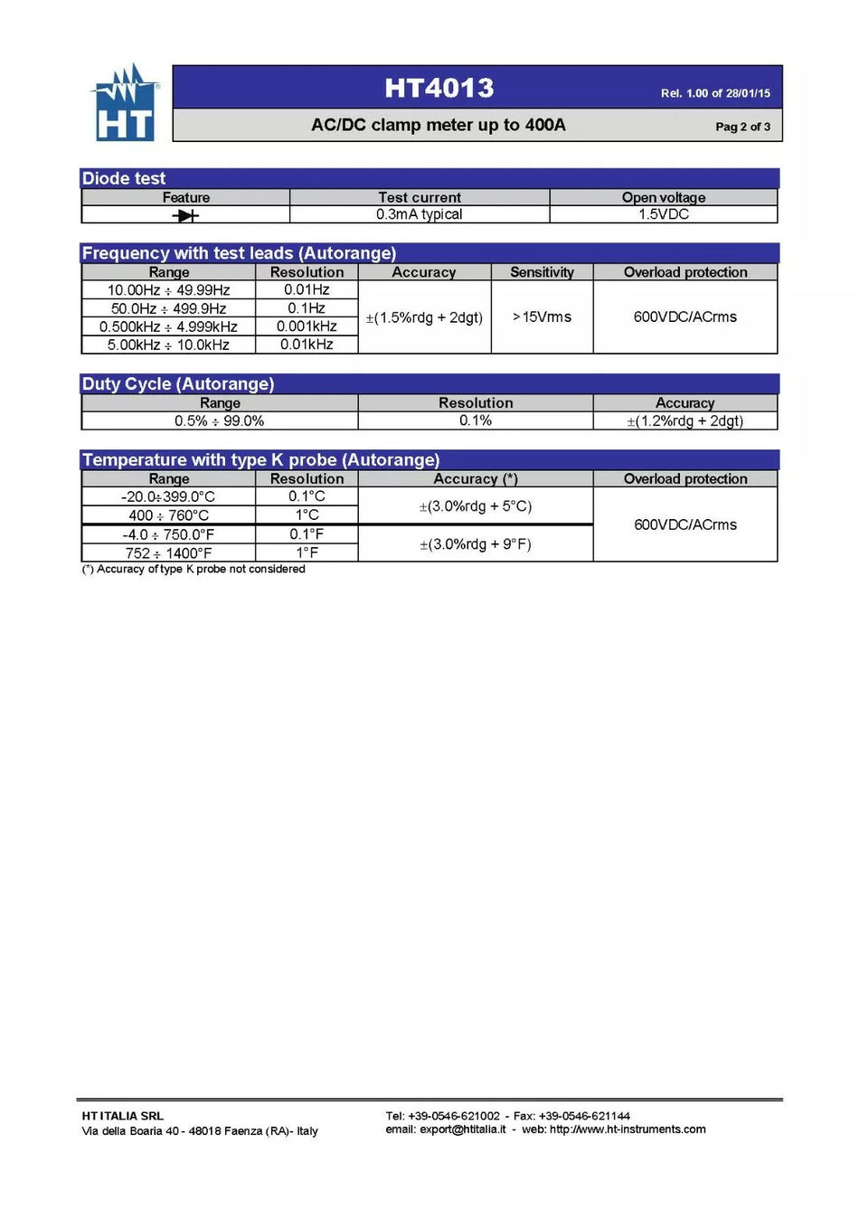 HT Instruments HT4013 Clamp Meter AC/DC 400A Temp Measure Includes K-Type Probe