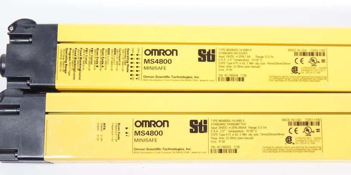 Omron MiniSafe MS4800S Light Curtains Receiver 14-0480-R & Transmitter 14-0480-X