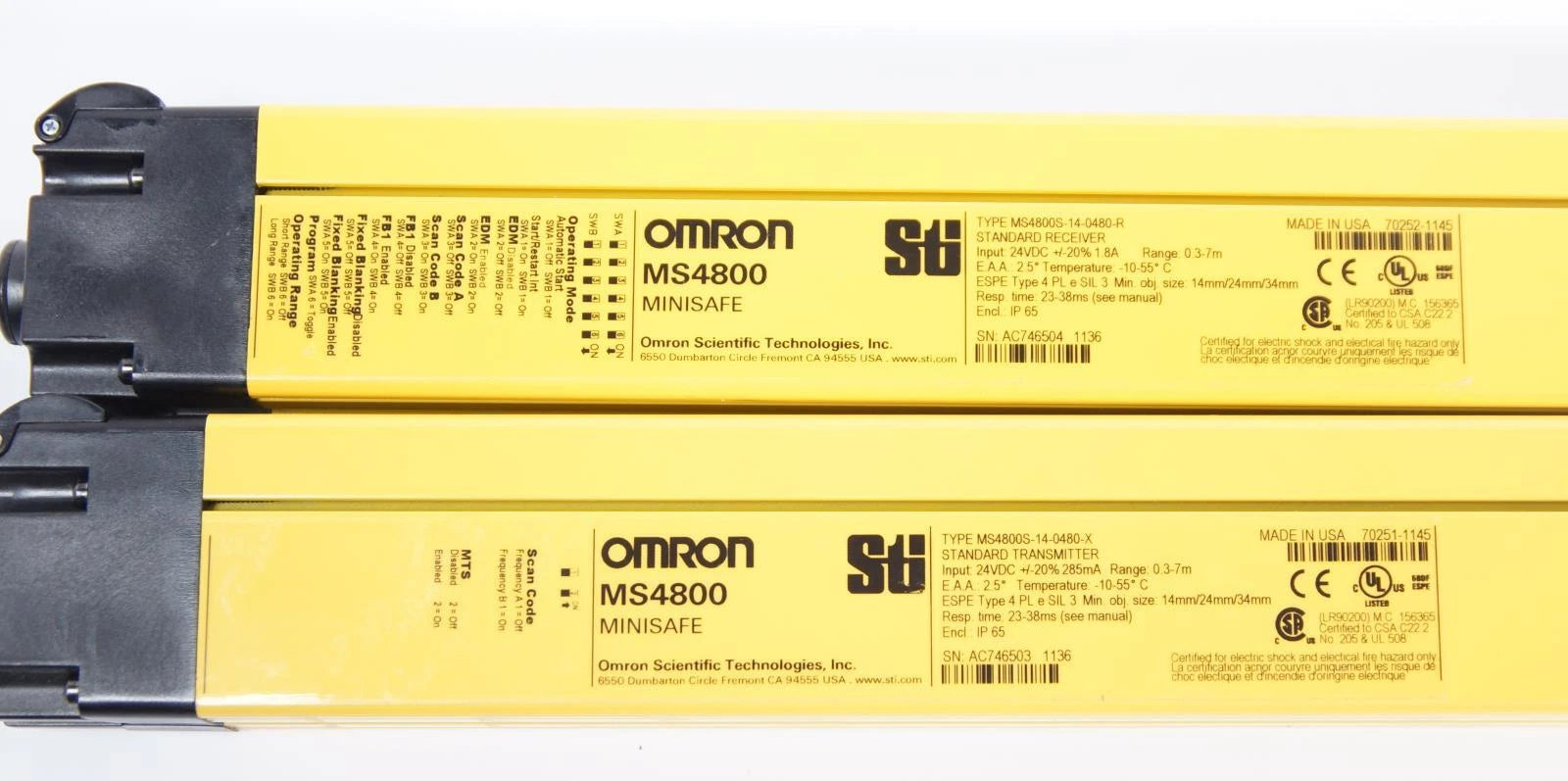 Omron MiniSafe MS4800S Light Curtains Receiver 14-0480-R & Transmitter 14-0480-X