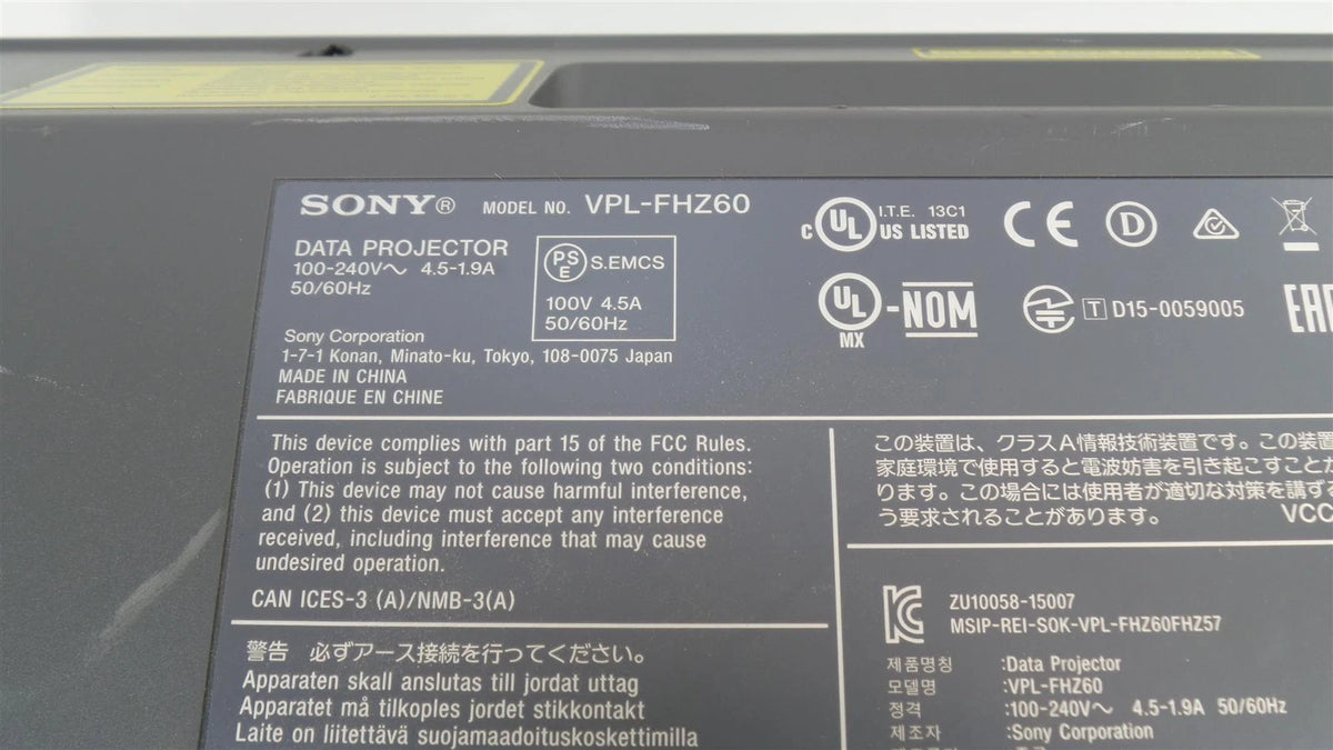 Sony VPL-FHZ60 WUXGA Laser Light Source Projector - Light Timer : 1250 Hours