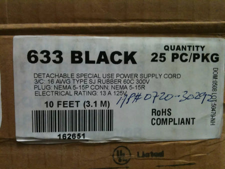 Alpha Wire 633 BK078 AC Power Cords 16AWG 3/C Unshield 10FT Black