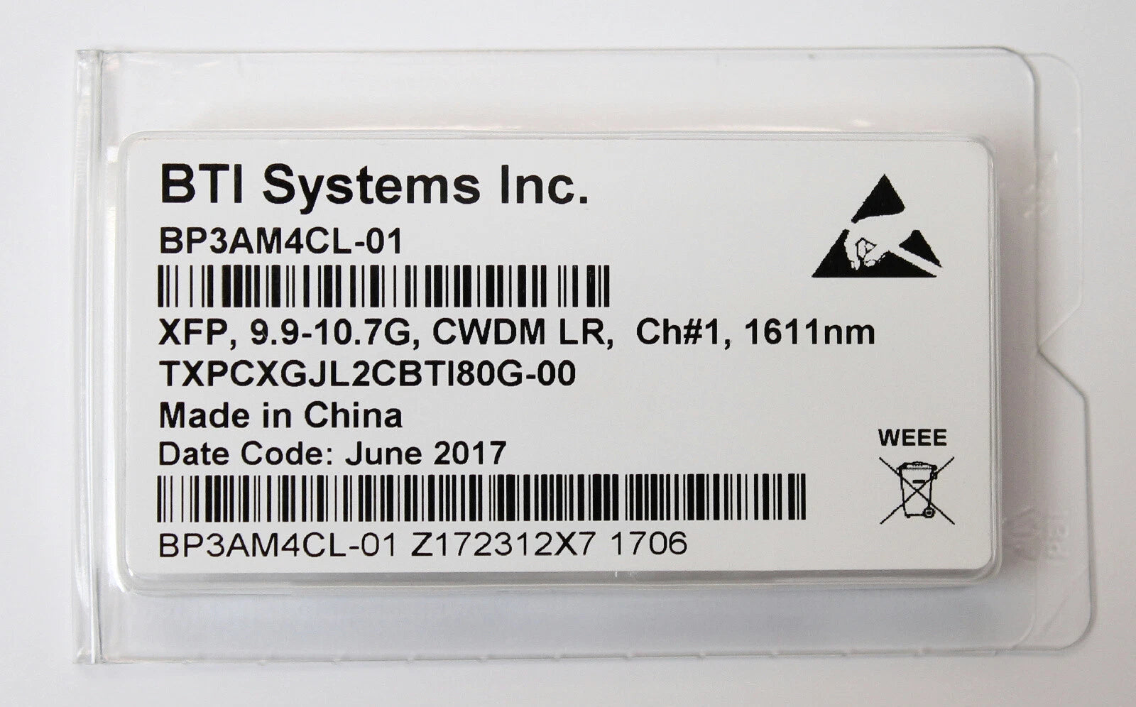 BTI BP3AM4CL-01 XFP Transceiver 9.9-10.7G CWDM LR, Ch#1, 1611nm TXPCXGJL2CBTI80G