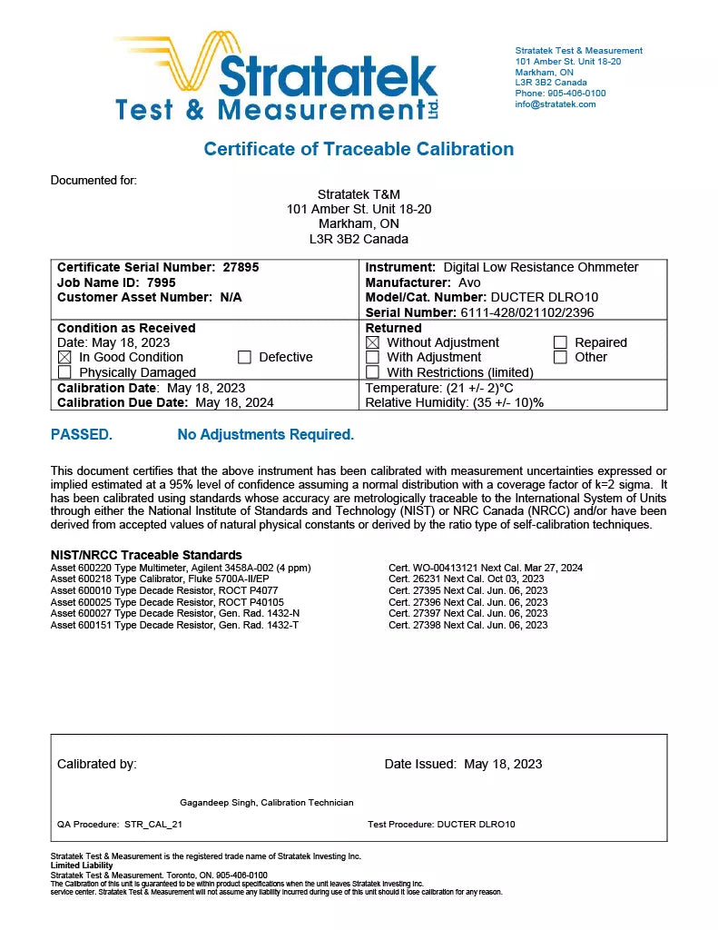 Megger DLRO10 Ducter 10A Micro-Ohmmeter NIST Calibrated Mains Power with Leads