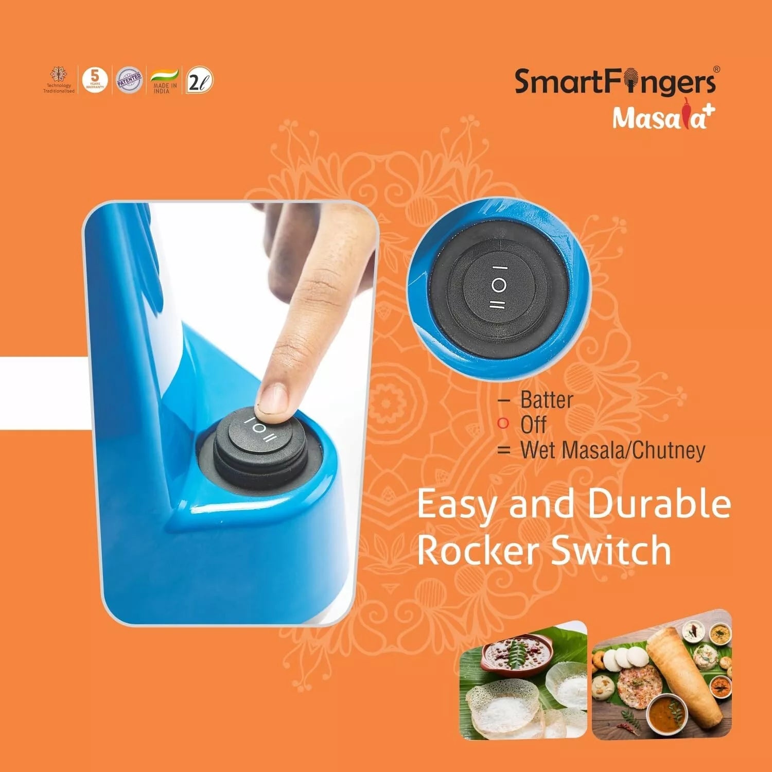 SmartFingers Masala + Table Top Masala Wet Grinder 230V 50Hz, 2 Liter, Blue