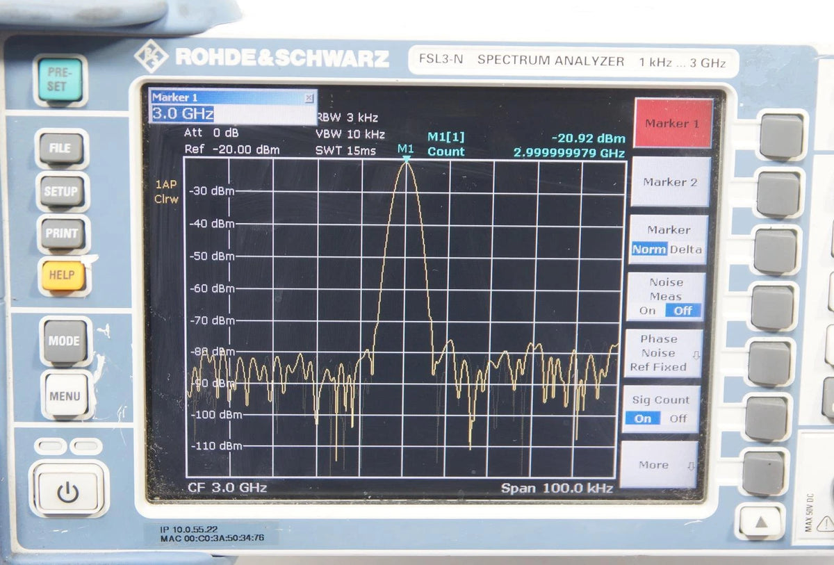 Rohde & Schwarz FSL3-N Spectrum Analyzer 9KHz to 3GHz OPT B4 B10 B7