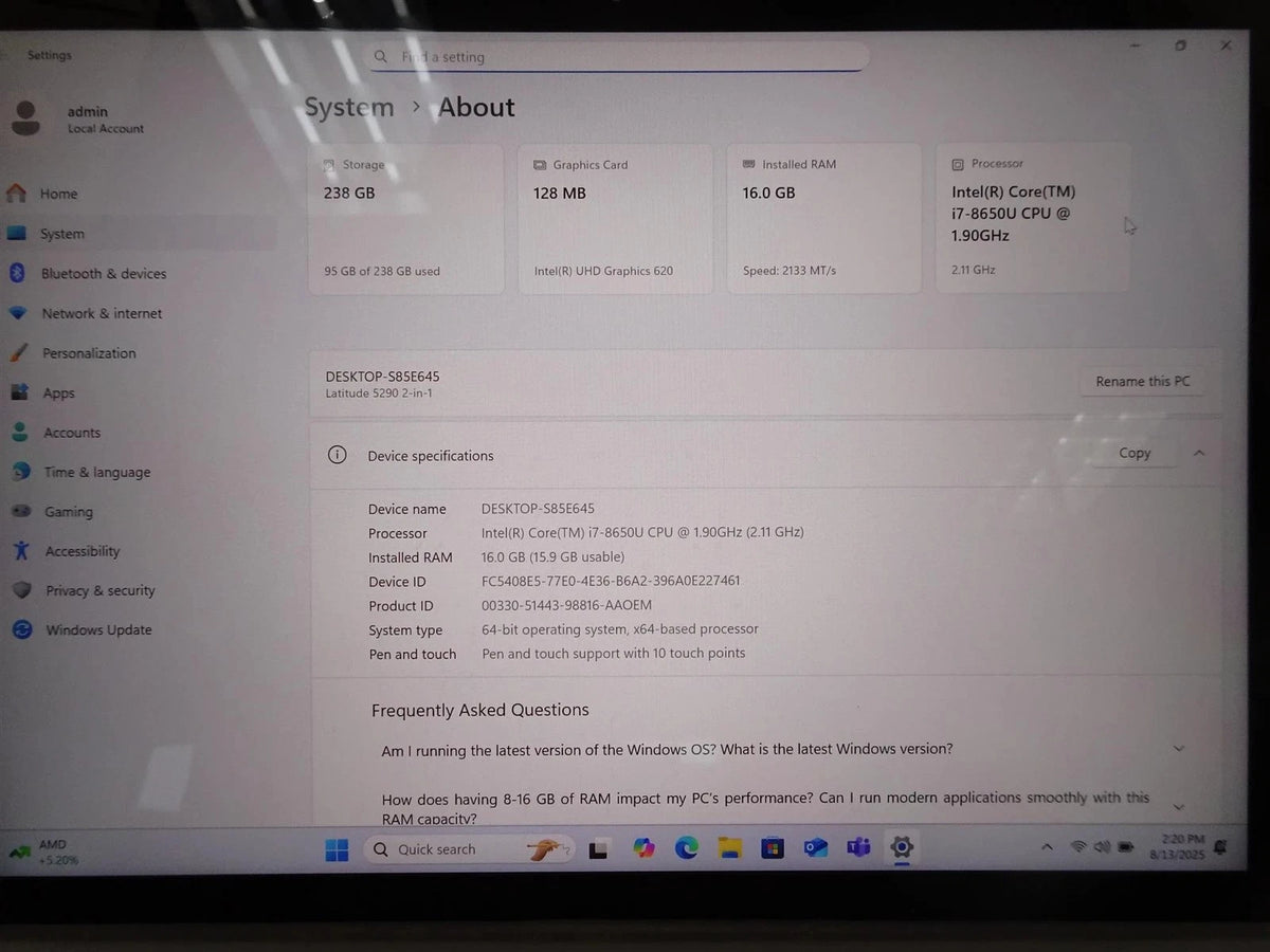 Dell Latitude 5290 Core i7-8650U 1.90GHz 16GB 256GB Touch Screen Win 11 Pro