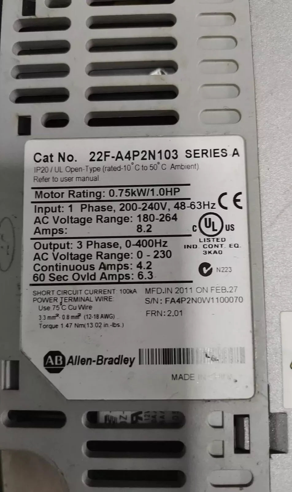 Allen-Bradley PowerFlex 755 AC Drive 22F-D4P2N103 & 22F-D4P2N113