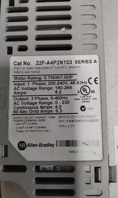 Allen-Bradley PowerFlex 755 AC Drive 22F-D4P2N103 & 22F-D4P2N113