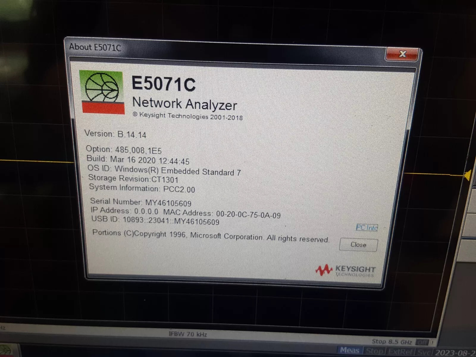 Keysight E5071C Network Analyzer 100kHz~8.5GHz