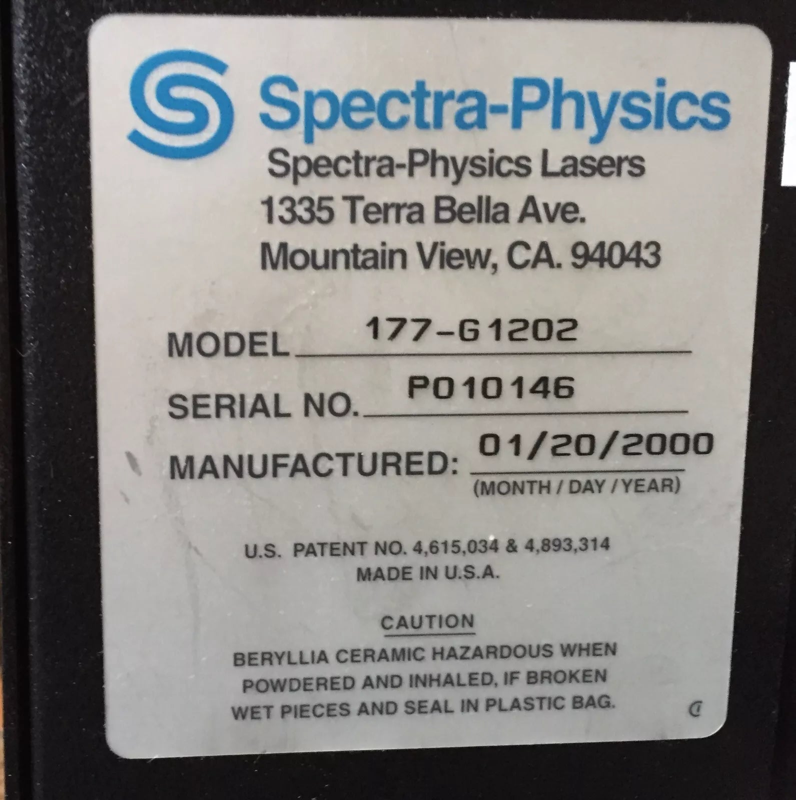Spectra Physics Laser Argon 163A-1202 Air-Cooled Laser Head
