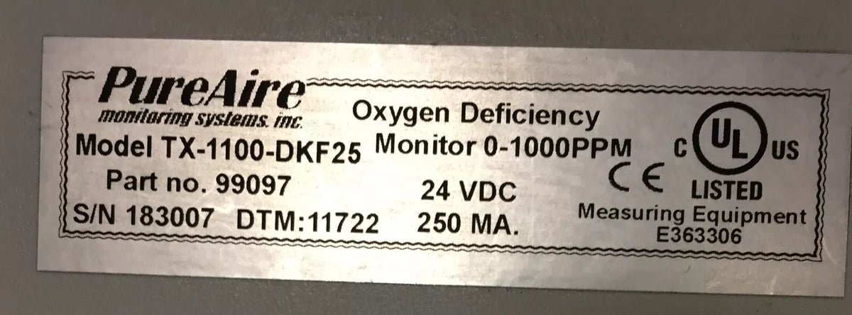 Pure Aire Model TX-1100-DKF25 Trace Oxygen Analyzer Monitoring System, P/N 99097