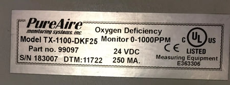 Pure Aire Model TX-1100-DKF25 Trace Oxygen Analyzer Monitoring System, P/N 99097