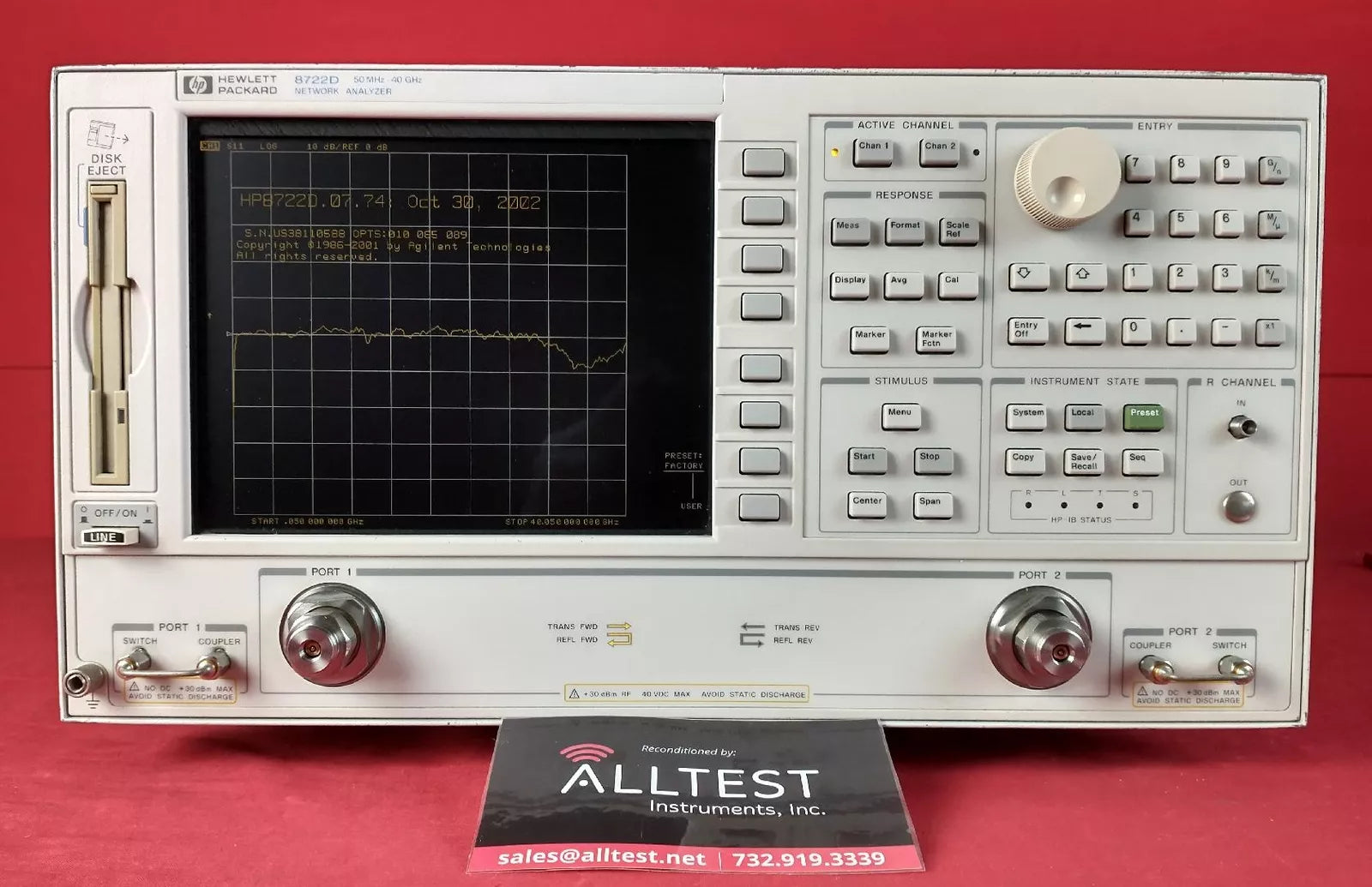 HP Agilent 8722D Network Analyzer Options 10,85,89 US38110588 Calibrated