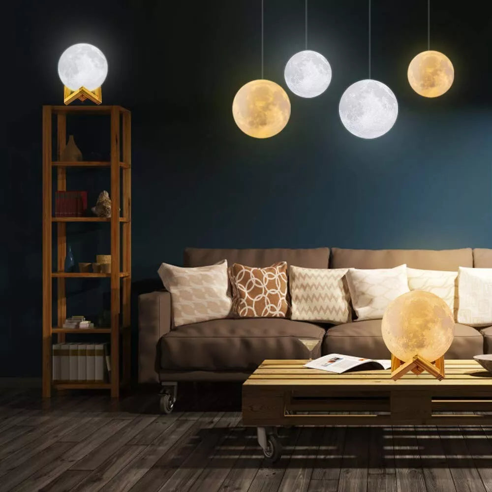3D Printed Moon Lamp with Rechargeable Touch Control & Wooden Stand