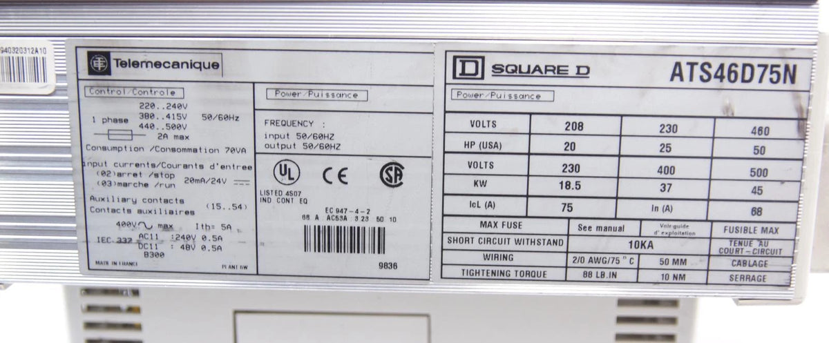 Telemecanique Square D Altistart 46 Soft Start ATS46D75N 50HP 460V 68A