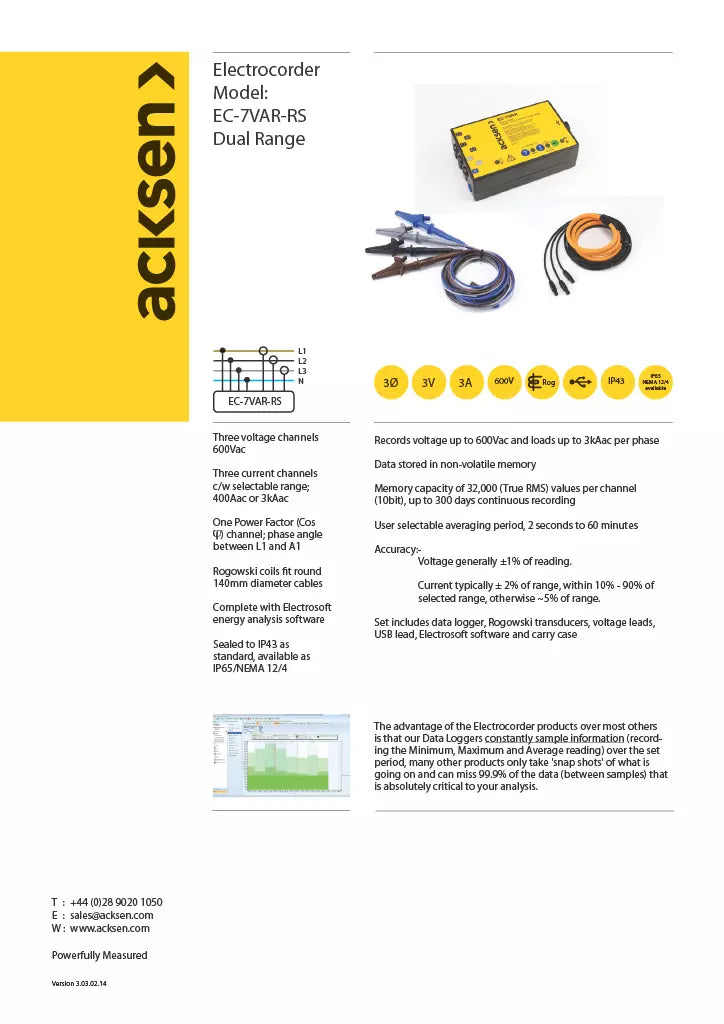 Acksen EC-7VAR-RS 3-Phase Voltage Current Power Factor Recorder 400A/3000A IP43