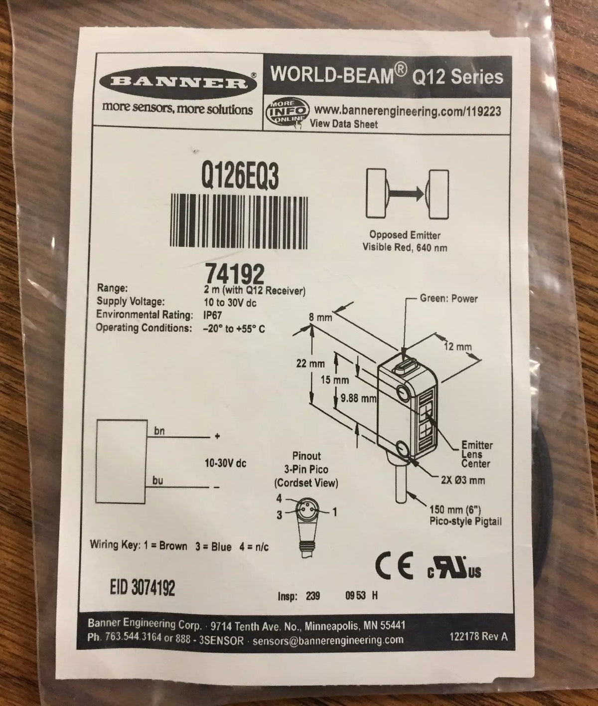 Banner Q126EQ3 Through-Beam Optical Sensor & Cable