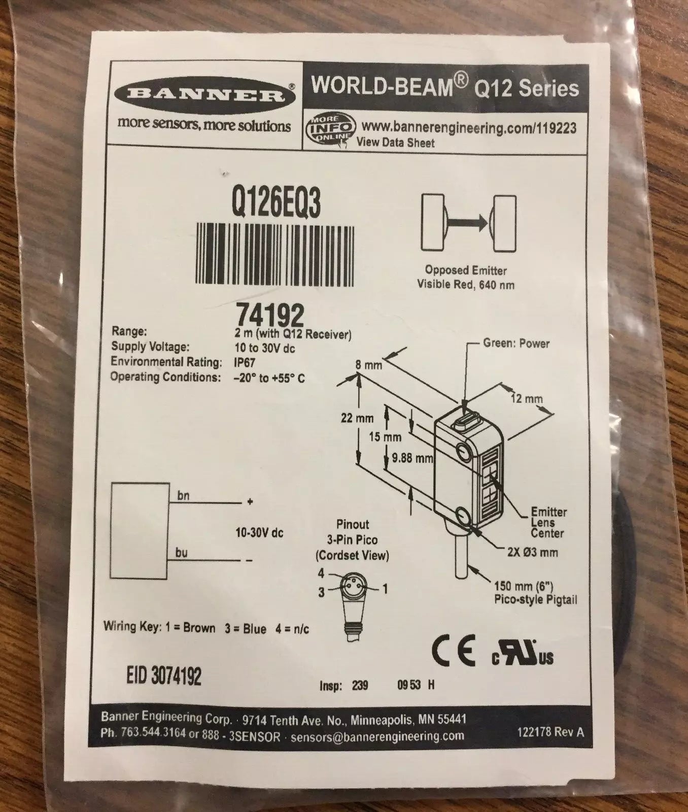 Banner Q126EQ3 Through-Beam Optical Sensor & Cable