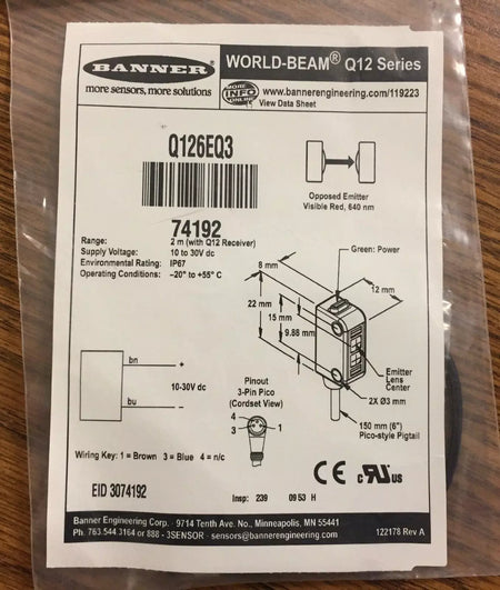 Banner Q126EQ3 Through-Beam Optical Sensor & Cable