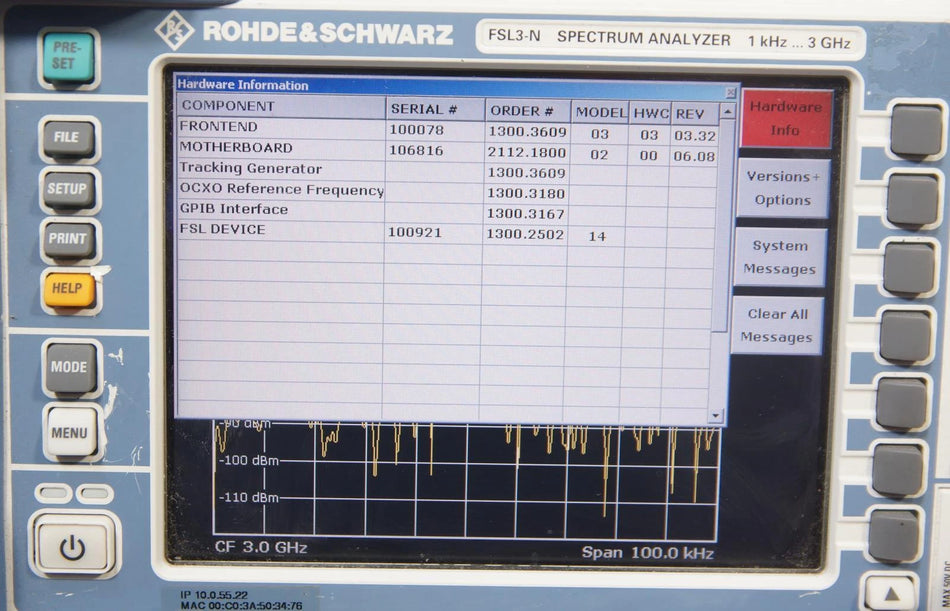 Rohde & Schwarz FSL3-N Spectrum Analyzer 9KHz to 3GHz OPT B4 B10 B7