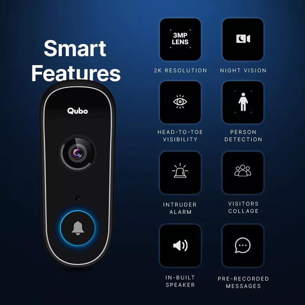 Qubo Smart WiFi Video Doorbell 2K - 3MP with Alexa & Google Assistant, Intruder Alarm