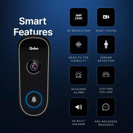 Qubo Smart WiFi Video Doorbell 2K - 3MP with Alexa & Google Assistant, Intruder Alarm