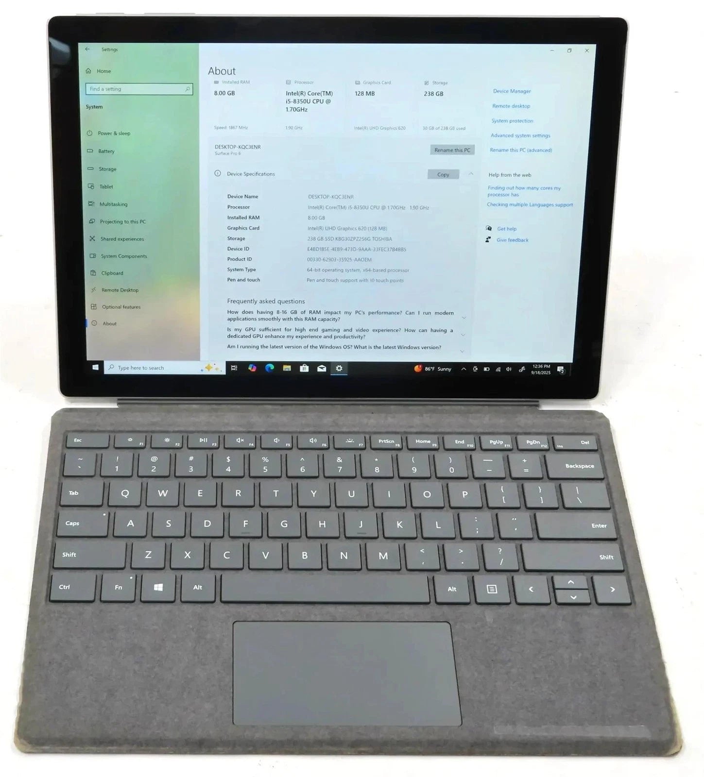 Microsoft Surface Pro 6 1796 Core i5-8350U 1.70GHz 8GB 256GB Win 10 Pro