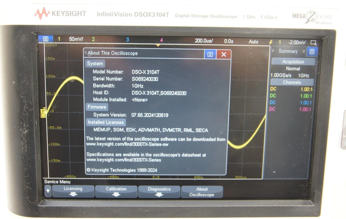 Agilent DSO-X 3104T 4CH 1GHz 5GSa/s InfiniiVision Oscilloscope OPT SGM EDK RML