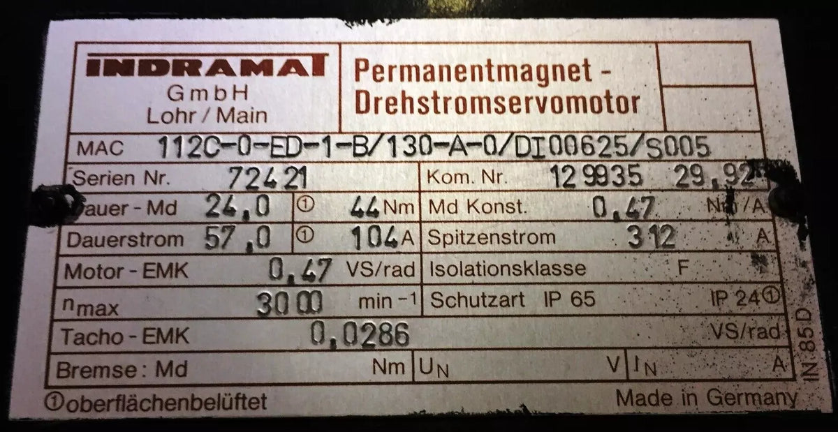 Indramat MAC 112C-0-ED-1-B/130-A-0/DI00625/S005 Permanent Magnet Servjson o Motor