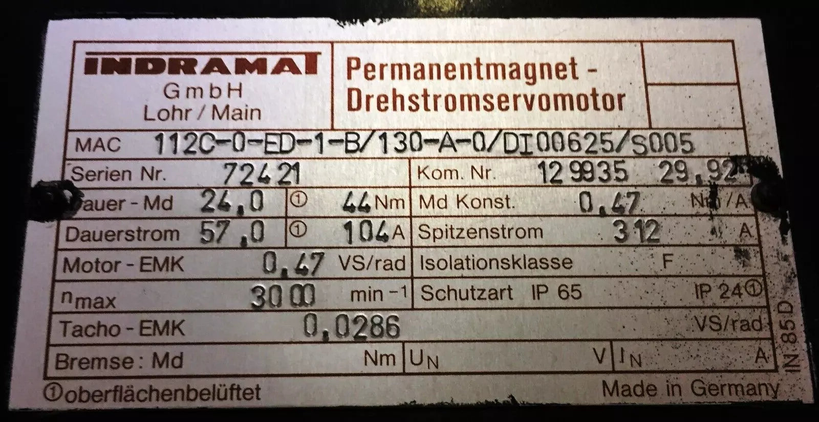 Indramat MAC 112C-0-ED-1-B/130-A-0/DI00625/S005 Permanent Magnet Servjson o Motor