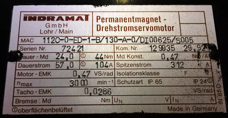 Indramat MAC 112C-0-ED-1-B/130-A-0/DI00625/S005 Permanent Magnet Servjson o Motor