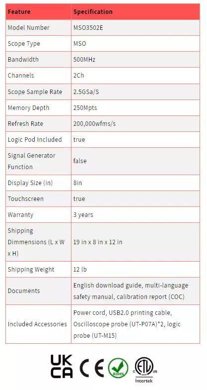 UNI-T MSO3502E 500MHz 2+16Ch Mixed Signal Oscilloscope