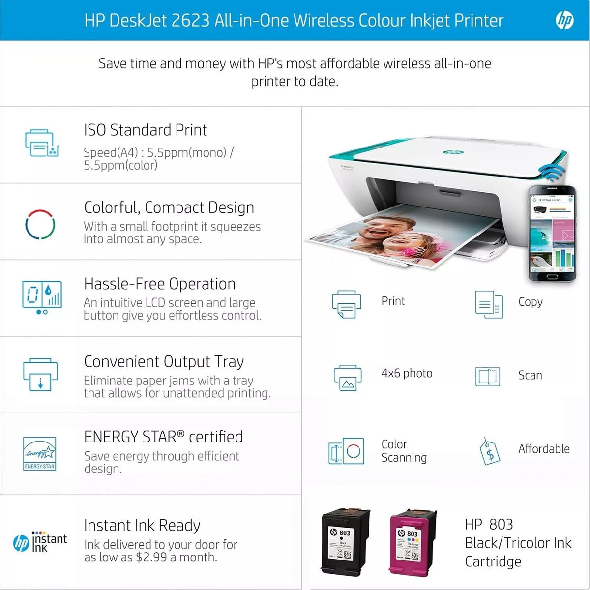 HP DeskJet 2623 All-in-One Wireless Color Inkjet Printer with Voice-Activated Printing