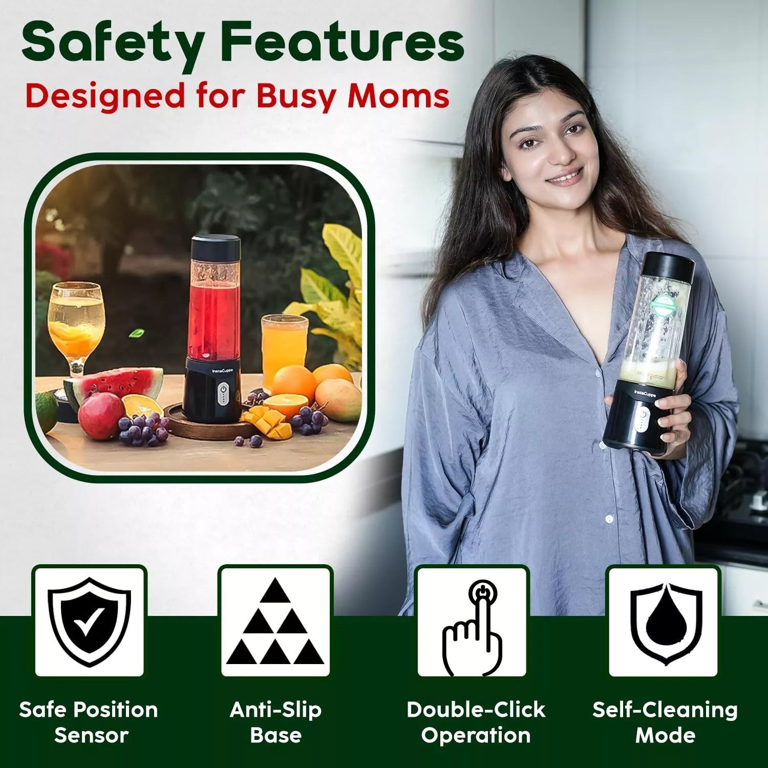 InstaCuppa Portable Blender USB Rechargeable 500ML for Smoothies & Ice Crushing