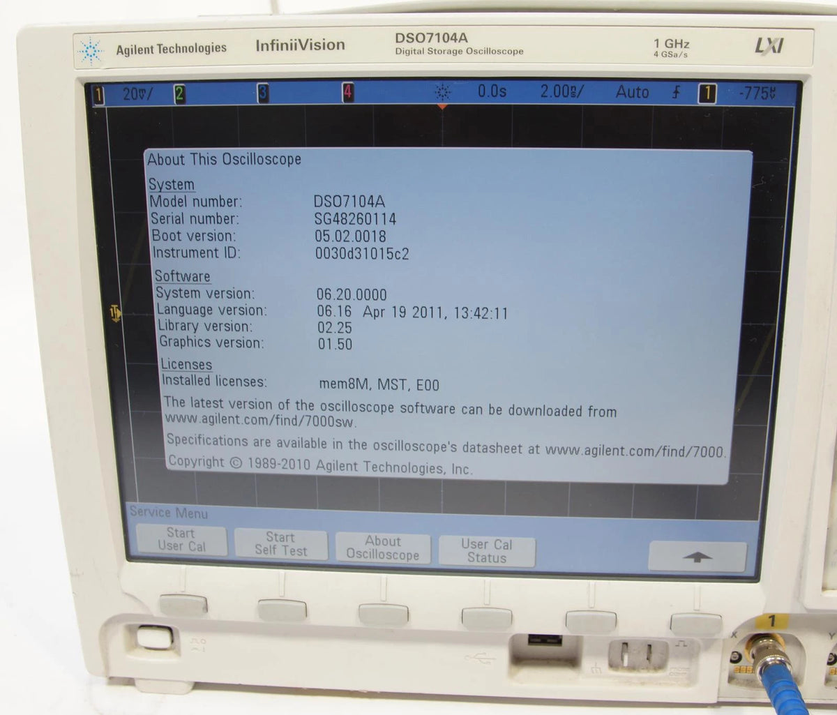 Agilent InfiniiVision DSO7104A 1GHz 4GSa/s 4CH Oscilloscope OPT mem8M MST E00