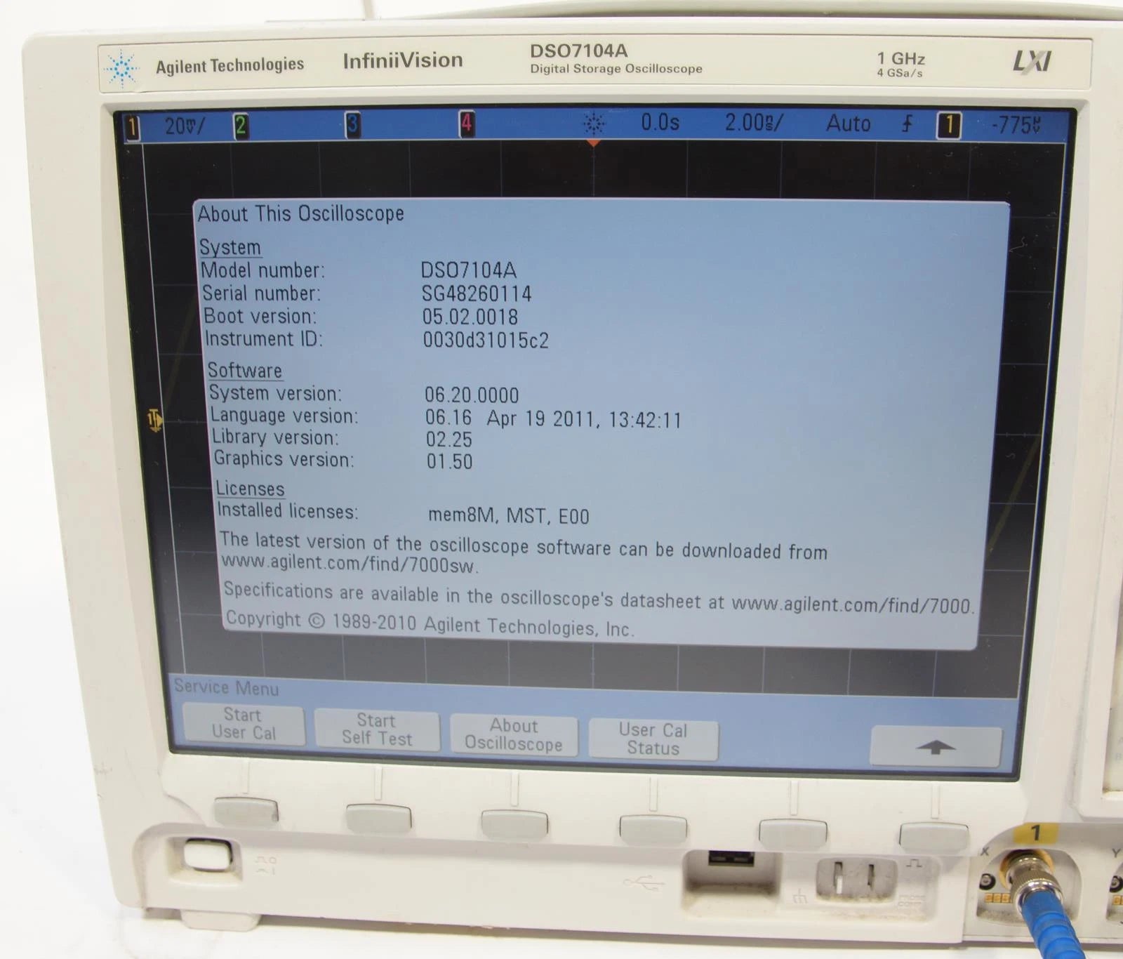 Agilent InfiniiVision DSO7104A 1GHz 4GSa/s 4CH Oscilloscope OPT mem8M MST E00