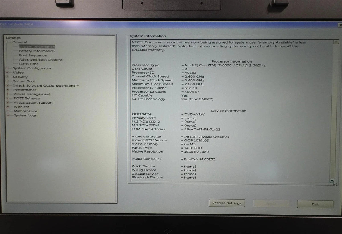 Lot 4 Dell Latitude Rugged 5414 Core i7-6600U 2.6GHz 16GB DVD-RW No HDD
