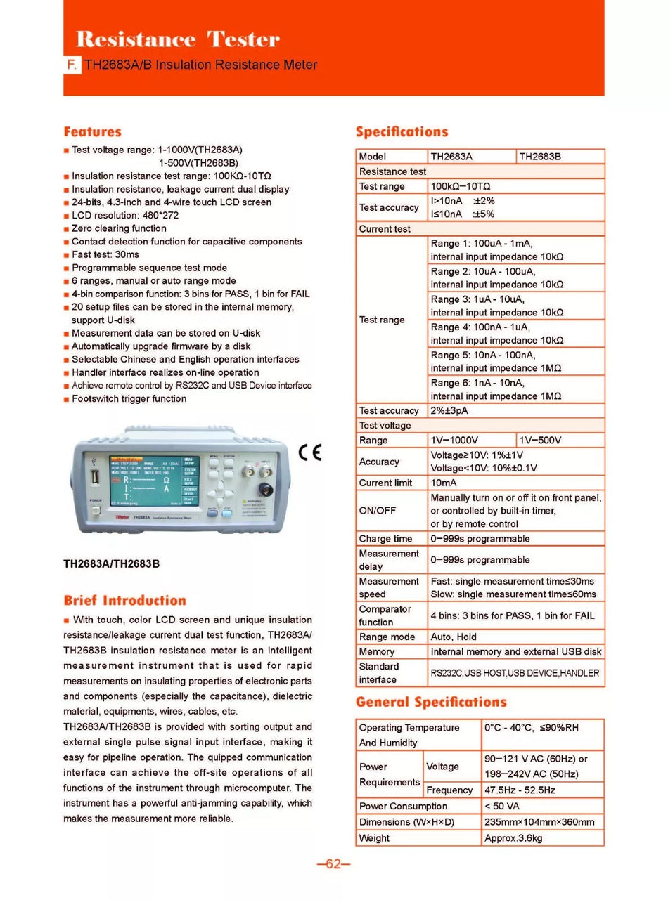 Tonghui TH2683A Insulation Resistance Tester 100kΩ-10TΩ 1kV 30ms Fast Test