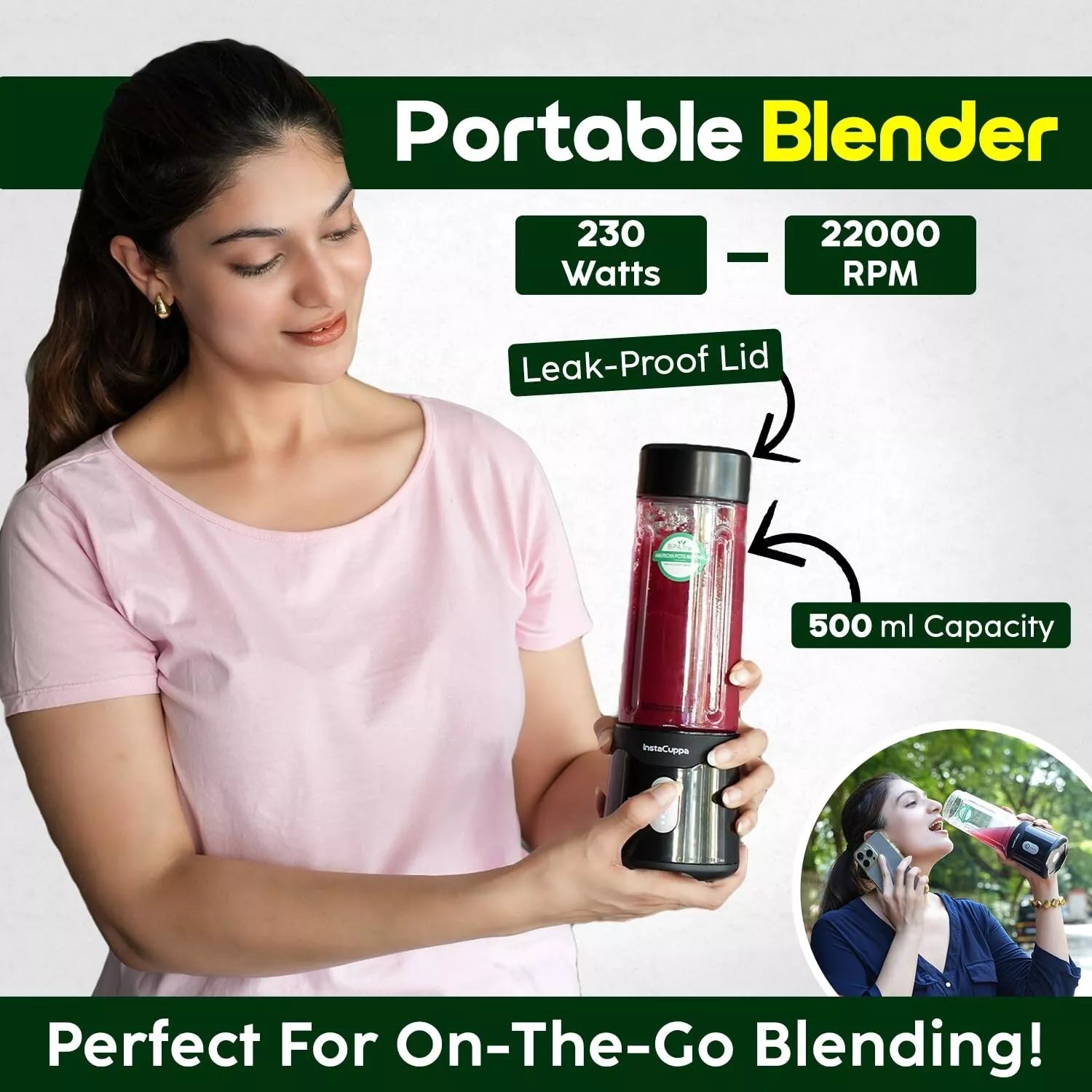 InstaCuppa Portable Blender USB Rechargeable 500ML for Smoothies & Ice Crushing