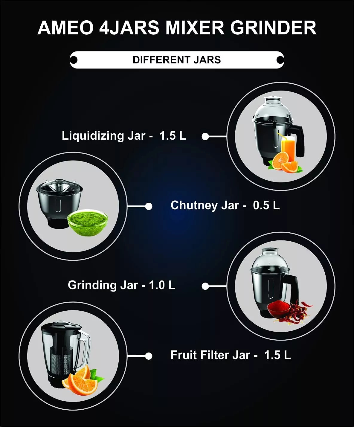 Crompton Ameo 750W Mixer Grinder Black & Green with 3 Steel Jars and 1 Juicer