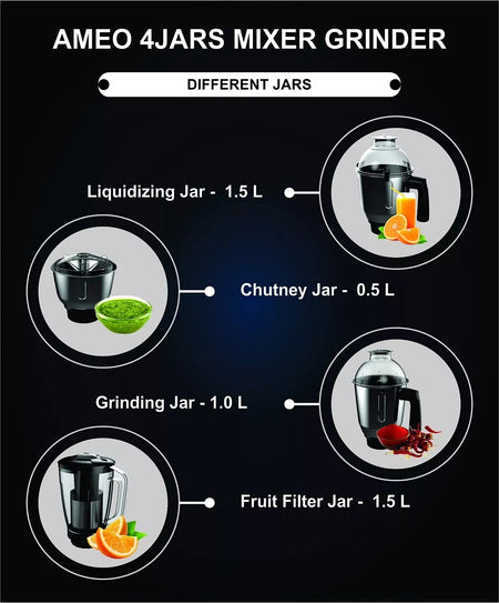 Crompton Ameo 750W Mixer Grinder Black & Green with 3 Steel Jars and 1 Juicer