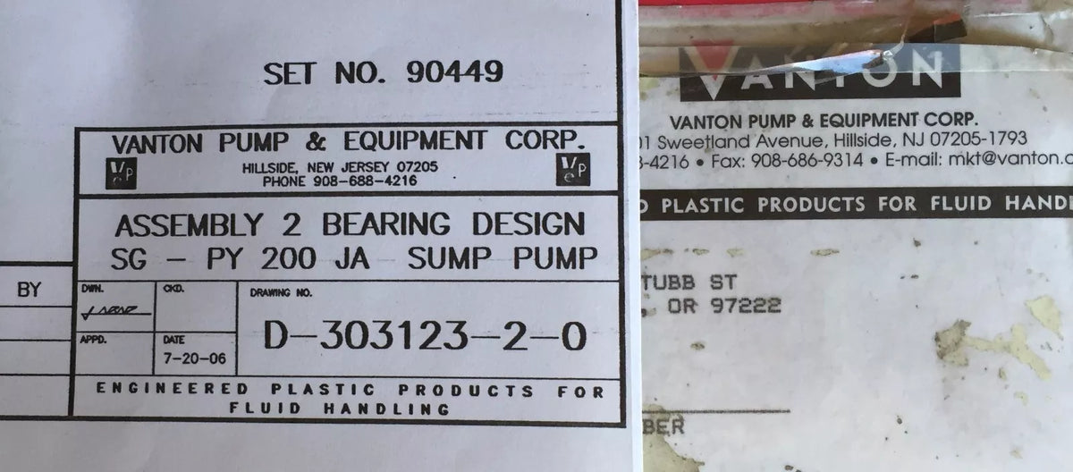 Vanton SG-PY-200-JA-Sump-Pump Assembly with Drawing # D-303123-2-0