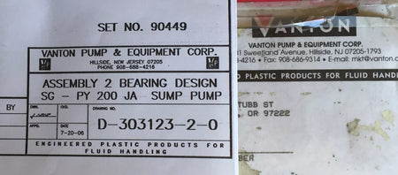 Vanton SG-PY-200-JA-Sump-Pump Assembly with Drawing # D-303123-2-0