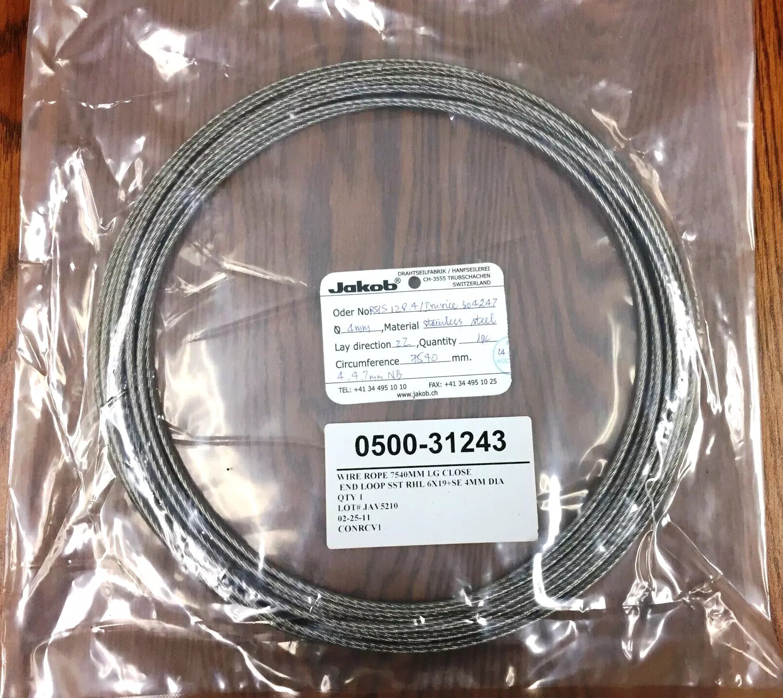 Jakob 20113-0480 Stainless Steel Wire Sling, 4mm Dia x 7540mm L